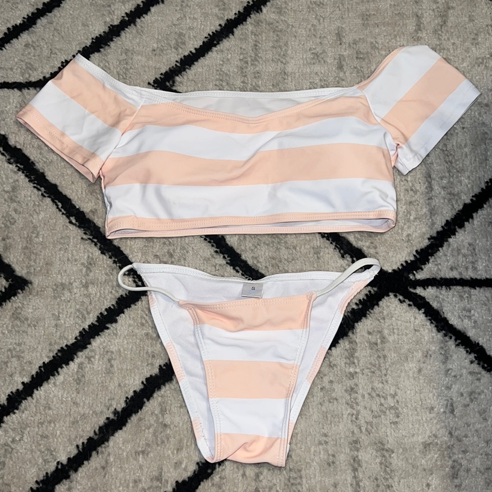 Off the Shoulder Peach and White Bathing Suit